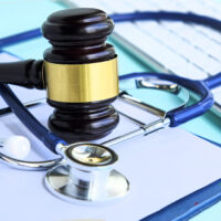 Gavel with stethoscope, clipboard, and keyboard