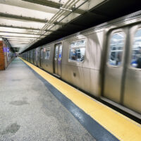 train on New York City subway with homeless sleeping on the platform