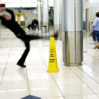 Man slips next to Wet Floor sign