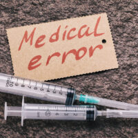 cardboard with medical errors written on it and syringes on floor