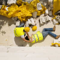 Worker helping a construction wrker get up