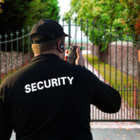 security guard on walkie talkie in front of property