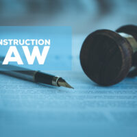 construction law caption in front of gavel, pen, and legal document
