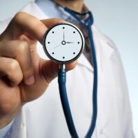 Male doctor holding stethoscope with clock