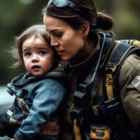 A female firefighter carrying a child to safety during a rescue