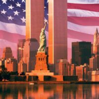 Digital composite: New York skyline, American flag, World Trade Center, Statue of Liberty