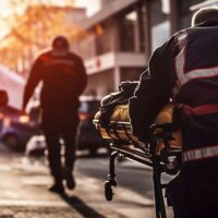 paramedic transporting a victim of a car accident on a stretcher, ambulance in the background. Medical personel on an car crash scene, transporting a traffic accident victim on a stretcher