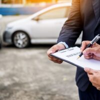 Car insurance agent send a pen to his customers sign the insurance form on clipboard while examining car after accident claim.