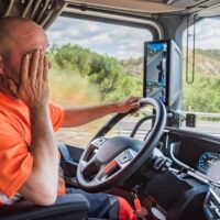 Truck driver driving the truck and rubbing his face with his hand in a clear gesture of tiredness and fatigue at the wheel.