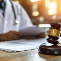 A judge's gavel sits on a desk in front of a doctor reviewing medical paperwork. A judge's gavel sits on a desk in front of a doctor reviewing medical paperwork.