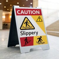 Caution Slippery Floor Sign in Public Hallway, Safety Warning for Wet Floors, Workplace Hazard Prevention, Cleaning in Progress, Public Area Accident Awareness Caution Slippery Floor Sign in Public Hallway, Safety Warning for Wet Floors, Workplace Hazard Prevention, Cleaning in Progress, Public Area Accident Awareness