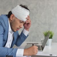 A man with a bandaged head is seated at a desk, looking intently at documents in front of him.