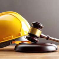 Hard Hat and Gavel on Table Signifying Fair Labor Law Judgments and Advocacy for Workers' Rights in Industrial Settings