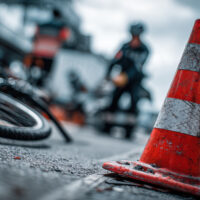 A traffic cone knocked over near mangled bike on city street A traffic cone knocked over near mangled bike on city street