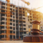 A gavel sits in the foreground with a construction site and cranes in the background, emphasizing legal aspects of real estate and construction laws.