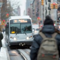 A busy urban street during winter, featuring a bus labeled '70' and pedestrians walking on the sidewalk, with snow on the ground and traffic lights in the background.