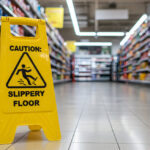 A bright yellow caution sign alerts shoppers to a slippery floor in a supermarket aisle. The sign stands prominently, emphasizing the potential hazard and urging caution to prevent accidents. Aisles are visible in the background full of food and products.