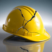 Cracked hard hat suggests an accident or failure. Yellow safety helmet with visible cracks. Represents workplace injury, safety concerns, or equipment damage. Cracked hard hat suggests an accident or failure. Yellow safety helmet with visible cracks. Represents workplace injury, safety concerns, or equipment damage.