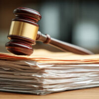 Court gavel resting on a stack of legal documents in a courtroom setting during the day