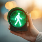 Close-up of a hand holding a small green pedestrian traffic light with a walking figure, against a softly blurred, warm-toned background.