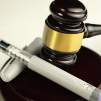 Close-up of semaglutide syringe placed near a wooden judge’s gavel with a golden band. Concept of legal regulation of diabetes treatment, weight loss medications, pharmaceutical law Close-up of semaglutide syringe placed near a wooden judge’s gavel with a golden band. Concept of legal regulation of diabetes treatment, weight loss medications, pharmaceutical law