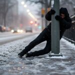 Person in black winter clothing clings to a pole on a snowy sidewalk, leaning forward against a harsh wind. Blurred streetlights glow in the snowy background.