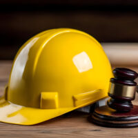 A close-up view of a yellow hard hat positioned next to a wooden gavel, symbolizing safety and legal aspects in the construction industry.