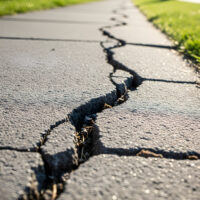 Closeup of a cracked asphalt surface on a road or sidewalk, highlighting the damage and need for repair, with grass growing along the edges, showing wear and tear