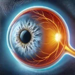 Detailed 3D illustration of a human eye focusing on the optic nerve and internal eye structures