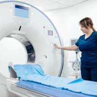 A healthcare professional in blue scrubs operates a CT scanner in a bright, sterile room. The machine's bed is covered with a blue sheet, conveying a clinical environment. A healthcare professional in blue scrubs operates a CT scanner in a bright, sterile room. The machine's bed is covered with a blue sheet, conveying a clinical environment.