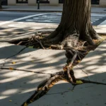 A tree trunk on a city sidewalk with roots breaking through cracked concrete. Sunlight and scattered yellow leaves create a natural, resilient scene.
