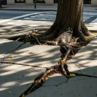 A tree trunk on a city sidewalk with roots breaking through cracked concrete. Sunlight and scattered yellow leaves create a natural, resilient scene.