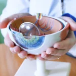 Person holding a model of the human eye, displaying its interior structures. The model is detailed, colorful, set against a medical environment.