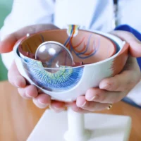 Person holding a model of the human eye, displaying its interior structures. The model is detailed, colorful, set against a medical environment.