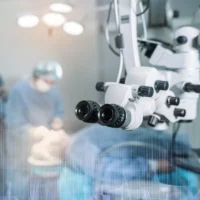 Surgical microscope in operating room with doctors. Ophthalmological clinic. Microsurgical optical equipment