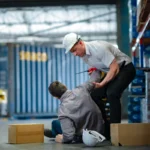 Young worker rushes to help injured senior colleague who fell in warehouse. Team support, safety response, and workplace accident awareness.
