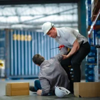 Young worker rushes to help injured senior colleague who fell in warehouse. Team support, safety response, and workplace accident awareness.