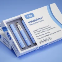 Blue box of weightloss+ 1mg supplements with blue capsules, product packaging on blue background