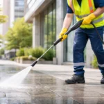 Worker pressure washing sidewalk in front of modern office building.