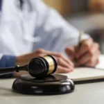A close-up of a judge"s gavel on a desk with a doctor writing notes in the background, symbolizing legal and medical professions intersecting.