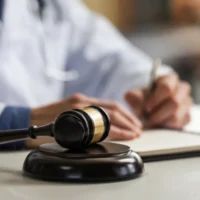 A close-up of a judge"s gavel on a desk with a doctor writing notes in the background, symbolizing legal and medical professions intersecting. A close-up of a judge"s gavel on a desk with a doctor writing notes in the background, symbolizing legal and medical professions intersecting.