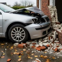 Silver car crashed into a brick wall, causing damage. Debris is scattered on wet asphalt
