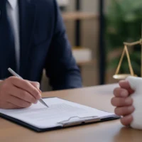 Lawyer consulting injured client with bandaged hand during legal discussion about personal injury law and compensation claim.
