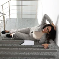 Woman with injured head on stairs in building after fall. Dangerous accident