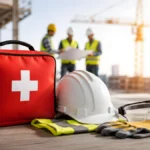 Workplace safety concept at construction site with red first aid kit protective helmet goggles and gloves on wooden surface with engineers in background