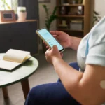 Caucasian woman with diabetes checking glucose levels on smartphone app, wearing continuous glucose monitor sensor on arm. Useful for digital health and telemedicine marketing